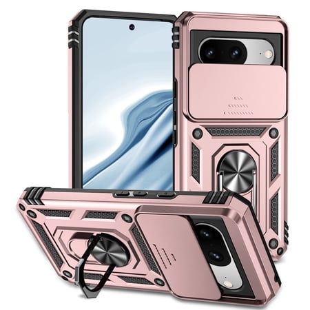 for Google Pixel 8 Case, Soft TPU & Hard PC Anti-scratch Sliding Cover Full Protection Ring Stand Rotating Kickstand Holder Magnetic Shockproof Phone Case Cover for Google Pixel 8, Rosegold