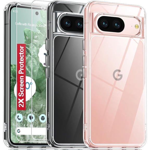 Google Pixel 8 Clear Case, 20X Anti-Yellowing, Built-in 4 Airbags, 10FT Military Protection, Tempered Glass Screen Protector, Slim Fit