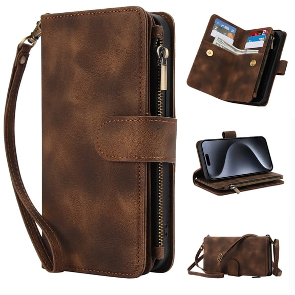for Google Pixel 8 Crossbody Case Wallet with Card Slots - PU Leather Case RFID Blocking Zipper Pocket Lanyard Wrist Strap Shockproof Protective Cover for Google Pixel 8, Brown