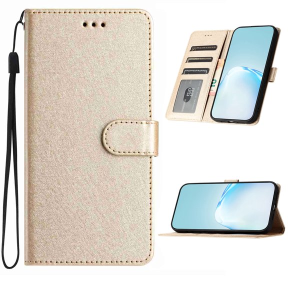 For Google Pixel 8 Flip Phone Case,Anti-Scratch Silk Fabric Pattern PU Leather Flip Cover,Flip Foldable Kickstabd,With Card Slots,Shockproof Anti-fall Non-Slip Wallet Phone Case,Gold