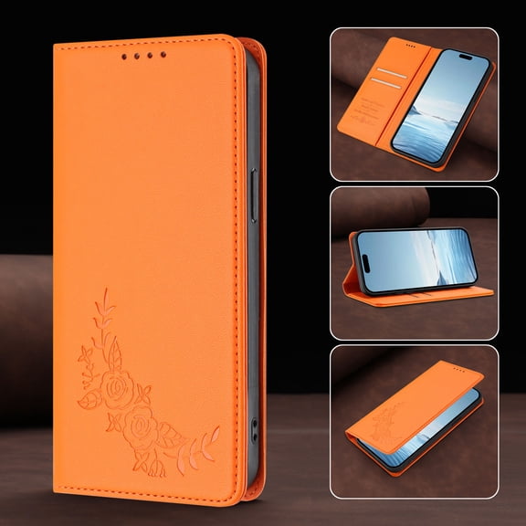 For Google Pixel 8 Flip Phone Case,Elegant Peony Pattern Embossing Flip Cover,With Card Slots,Anti-Scratch PU Leather,Flip Folding Kickstand,Shockproof Magnetic Folio Wallet Case,Orange