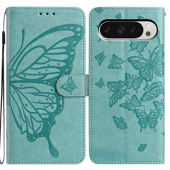For Google Pixel 8 Folio Wallet Case with Wrist Strap, Embossed Butterfly Pattern, Lightweight Protective PU Leather Phone Case with Credit Card/Cash Slots, Magnetic Closure, Green