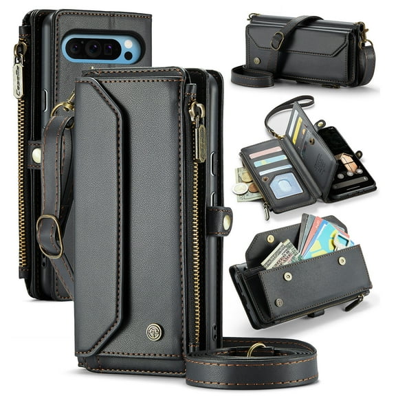 for Google Pixel 8 Full Body Protection Wallet Folio Flip Case, Shoulder Strap & Wristlet Card Slots Zipper Pocket RFID Blocking Rugged Durable PU Leather Phone Case Cover, Black