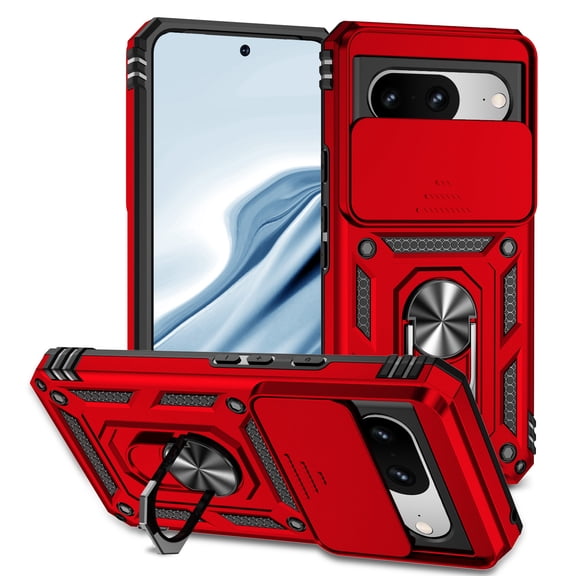 Google Pixel 8 Kickstand Armor Case with Slide Camera Lens Protection Cover Built-in 360掳 Rotate Ring Holder Stand Magnetic Military Shockproof Phone Cover Case for Google Pixel 8, Red
