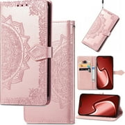 for Google Pixel 8 Leather Phone Case, 3D Carved Relief Flower Lace Pattern Folio Flip Cover Kickstand, Floral Card Holder Cash Slot, Magnetic Clasp, Hand Wrist Strap