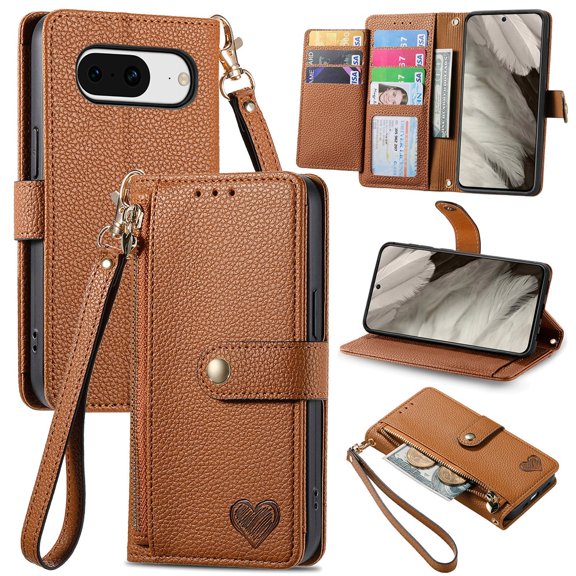 For Google Pixel 8 Leather Phone Case Wallet Zipper Pocket Pouch Folio Flip Cover Kickstand, Multi Anti-theft Card Holder Cash Slot, Double Magnetic Buckle, Wrist Lanyard,Brown,For Google Pixel 8
