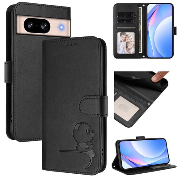 For Google Pixel 8 Litter Panda Embossing Leather Phone Case with RFID Blocking Card Slot Wallet Magnetic Clasp Lanyard Flip Stand Case,Black,For Google Pixel 8