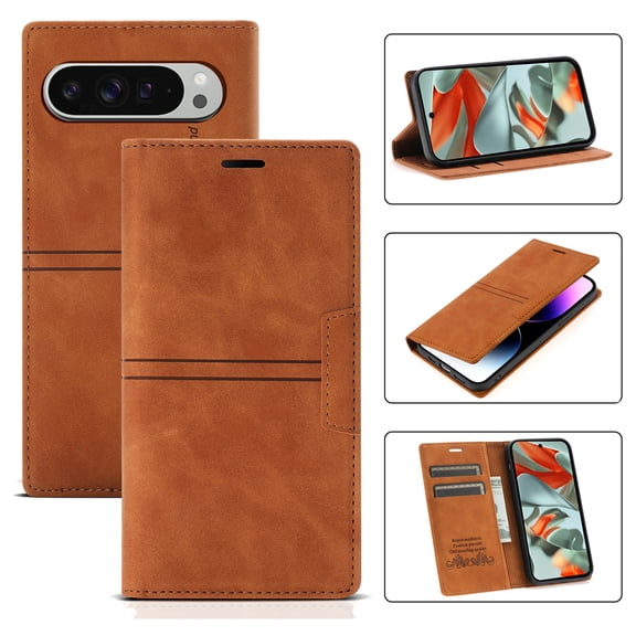 For Google Pixel 8 Luxury PU Leather Case, Slim Wallet Flip Cover with RFID Blocking Credit Card Slots & Kickstand Feature Magnetic Closure Shockproof Book Style Phone Case,Brown
