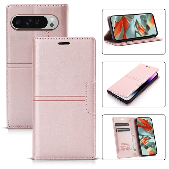 For Google Pixel 8 Luxury PU Leather Case, Slim Wallet Flip Cover with RFID Blocking Credit Card Slots & Kickstand Feature Magnetic Closure Shockproof Book Style Phone Case,Rosegold