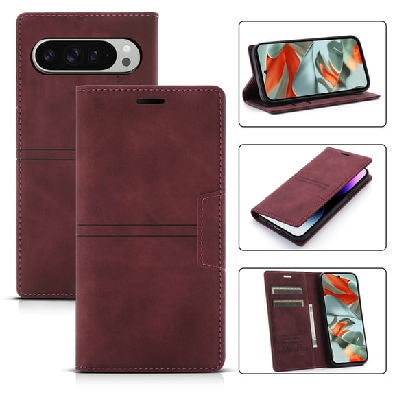 For Google Pixel 8 Luxury PU Leather Case, Slim Wallet Flip Cover with RFID Blocking Credit Card Slots & Kickstand Feature Magnetic Closure Shockproof Book Style Phone Case,Winered