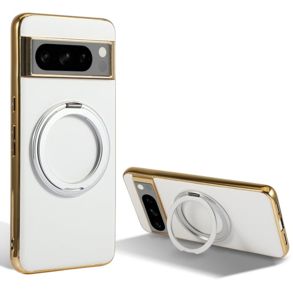 for Google Pixel 8 Magnetic Case with Invisible Ring Stand [Compatible with Wireless Charging], Luxury PU Leather Slim Stand Shockproof Phone Cover for Google Pixel 8, White