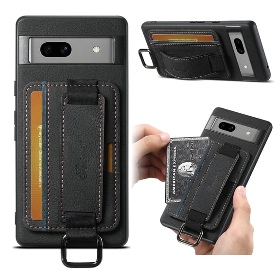 for Google Pixel 8 PU Leather Card Slots Back Case, Classic Wristband Kickstand Finger Ring Shockproof Protective TPU Frame Phone Case for Google Pixel 8 Women Men Boys Girls, Black