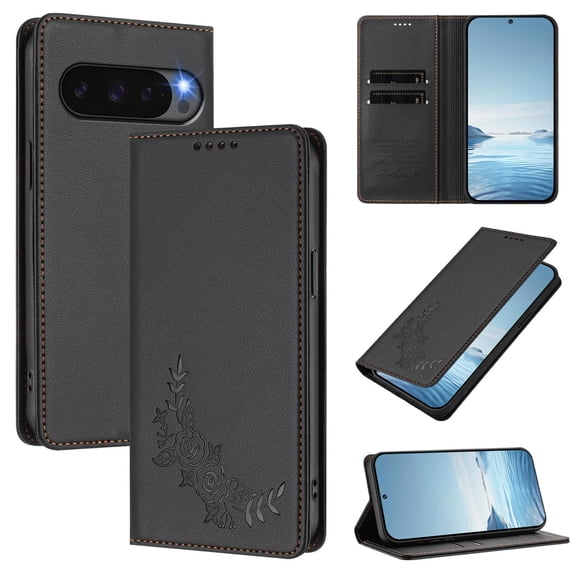 For Google Pixel 8 Phone Case,Peony Embossing Design,Anti-Scratch PU Leather Flip Foilo Cover,With Card Holder,Kickstand,Shockproof Drop Protection,Durable Wallet Phone Case,Black