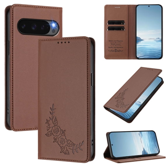For Google Pixel 8 Phone Case,Peony Embossing Design,Anti-Scratch PU Leather Flip Foilo Cover,With Card Holder,Kickstand,Shockproof Drop Protection,Durable Wallet Phone Case,Brown