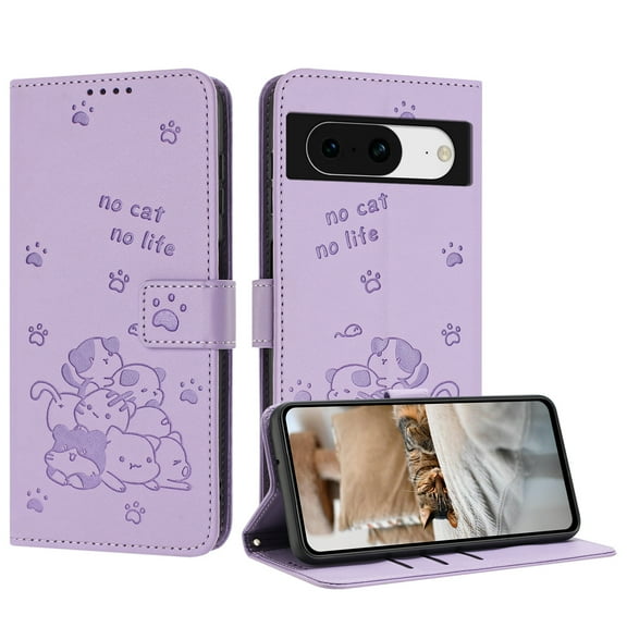 for Google Pixel 8 Phone Case Wallet, Embossed Cute Cat Pattern Purse Case Women Girls Wrist Strap [Card Cash Slots] [Flip Kickstand] PU Leather Protection Cover for Google Pixel 8, Purple