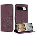 thumbnail image 1 of for Google Pixel 8 Phone Case Wallet, Embossed Cute Cat Pattern Purse Case Women Girls Wrist Strap [Card Cash Slots] [Flip Kickstand] PU Leather Protection Cover for Google Pixel 8, Maroon, 1 of 9