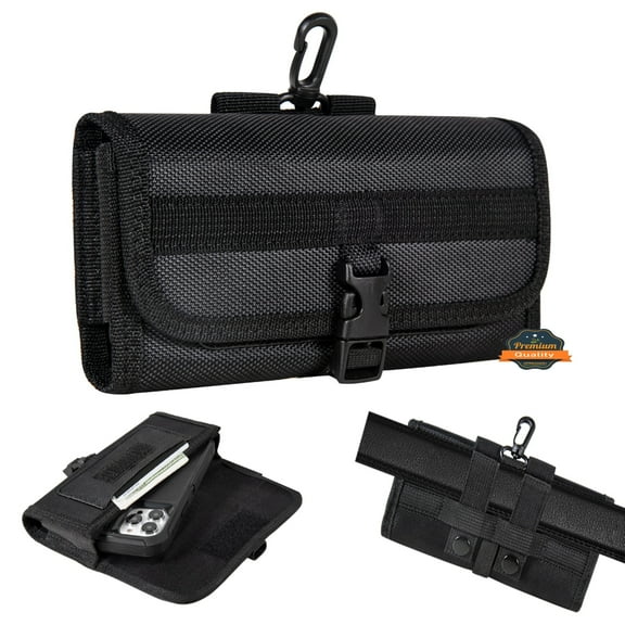 For Google Pixel 8 / Pixel 7 Universal Pouch Case Horizontal Phone Holster Nylon Cover with Front Buckle, Belt Clip Loop & Hook Carabiner Large - Black