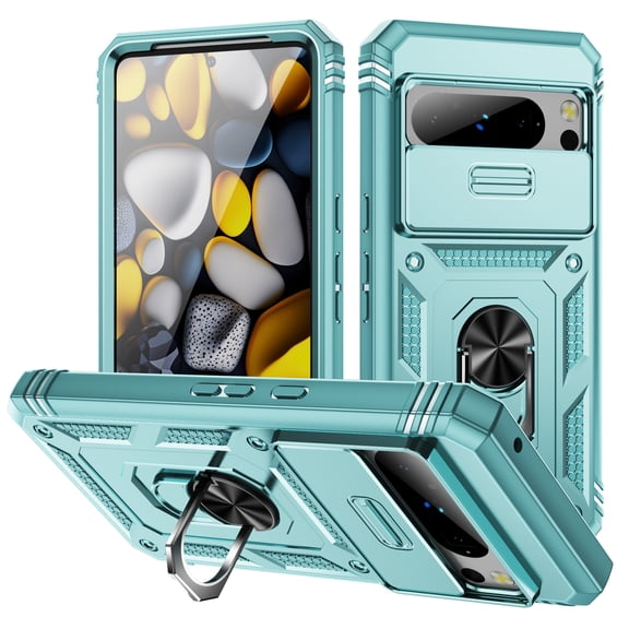 for Google Pixel 8 Pro 3-in-1 Phone Case with Slide Camera Cover, Build in 360° Rotating Ring Kickstand, Military Grade Protective Shockproof Heavy Duty Anti-fall Phone Case for Google Pixel 8 Pro,G