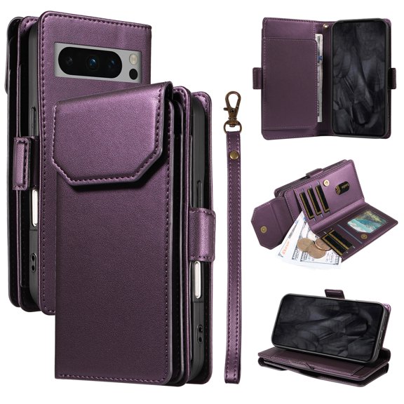 for Google Pixel 8 Pro Case with 11 Card Slots & 2 Cash Pockets for Woman Man,PU Leather Flip Kickstand Folio [RFID Blocking] Wallet Case, Wrist Strap Magnetic Clasp Protective Cover,Purple
