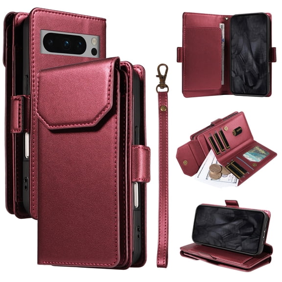 for Google Pixel 8 Pro Case with 11 Card Slots & 2 Cash Pockets for Woman Man,PU Leather Flip Kickstand Folio [RFID Blocking] Wallet Case, Wrist Strap Magnetic Clasp Protective Cover,Red
