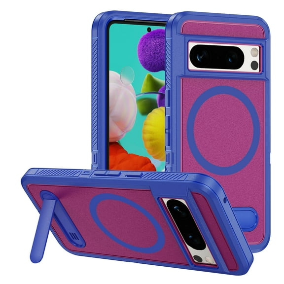 for Google Pixel 8 Pro Case,[Built-in Invisible Kickstand],Compatible with MagSafe,Military-Grade Drop Protection Double Layer Shockproof Slim Translucent Matte Phone Case,Blue+Rose