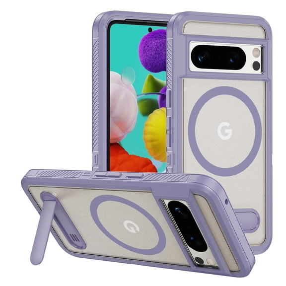 for Google Pixel 8 Pro Case,[Built-in Invisible Kickstand],Compatible with MagSafe,Military-Grade Drop Protection Double Layer Shockproof Slim Translucent Matte Phone Case,Lightpurple+Clear