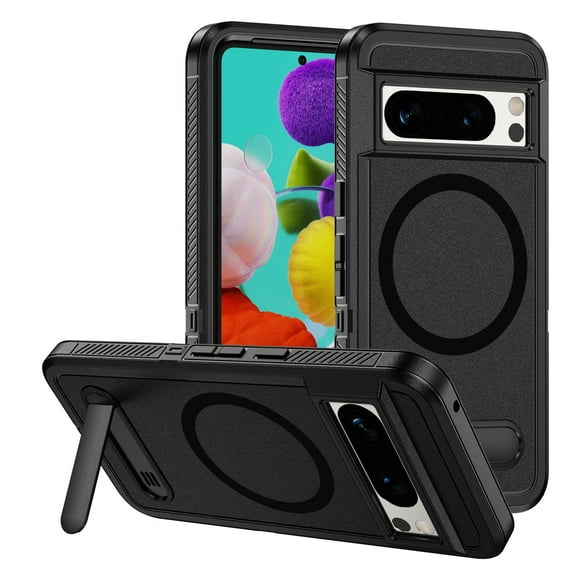 for Google Pixel 8 Pro Case,[Built-in Invisible Kickstand],Compatible with MagSafe,Military-Grade Drop Protection Double Layer Shockproof Slim Translucent Matte Phone Case,Black+Black