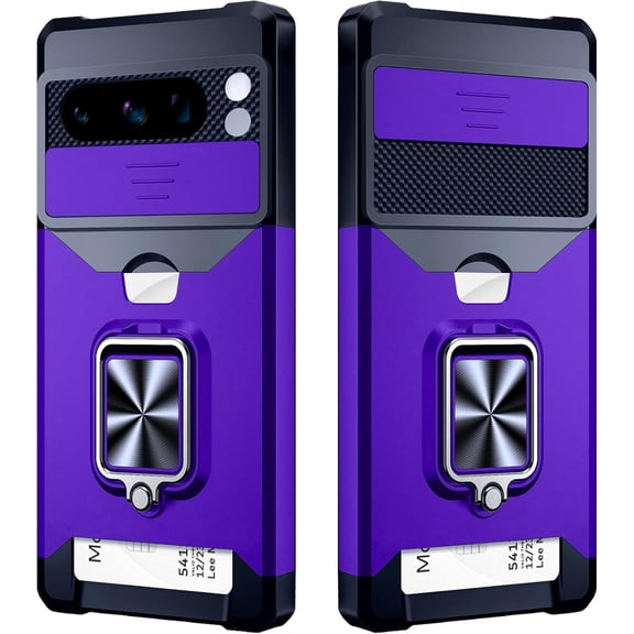 𝟐𝟎𝟐𝟒 𝗡𝗘𝗪 Google Pixel 8 Pro Case with Card Holder and Slide Camera Cover - Wireless Charging Compatible Pixel 8 Pro Wallet Case with Magnetic Kickstand (Purple)