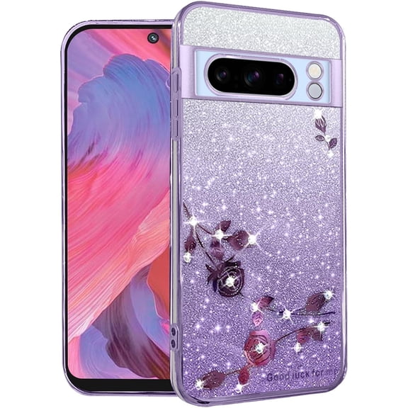 for Google Pixel 8 Pro Case Clear Glitter Sparkle Aesthetic Google Pixel 8 Pro Phone Case Silicone Soft Flower Shockproof Anti-Scratch Cover Purple Slim (Purple)