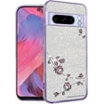 thumbnail image 1 of for Google Pixel 8 Pro Case Clear Glitter Sparkle Aesthetic Google Pixel 8 Pro Phone Case Silicone TPU Soft Flower Transparent Shockproof Cover Pruple Thin (Silver-Purple), 1 of 14