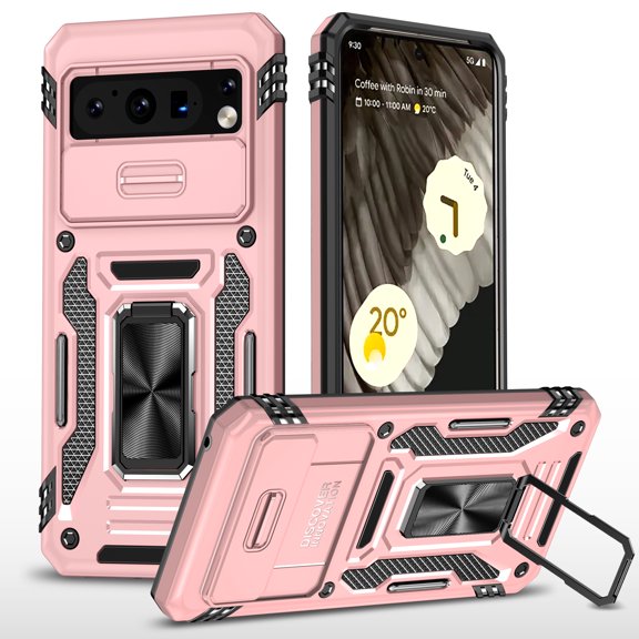 For Google Pixel 8 Pro Case with Hinge Protection and 360°Rotate Ring Magnetic Kickstand, [Military Grade anti-Drop],Hard Back & Soft Edge Slim Protective Case for Google Pixel 8 Pro,Rosegold