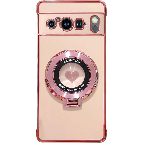 for Google Pixel 8 Pro Case with Magnetic Ring Stand [Compatible with MagSafe] Cute Love Heart Luxury Electroplate Plating Soft Silicone Shockproof Phone Case for Pixel 8 Pro 6.7" (Pink)