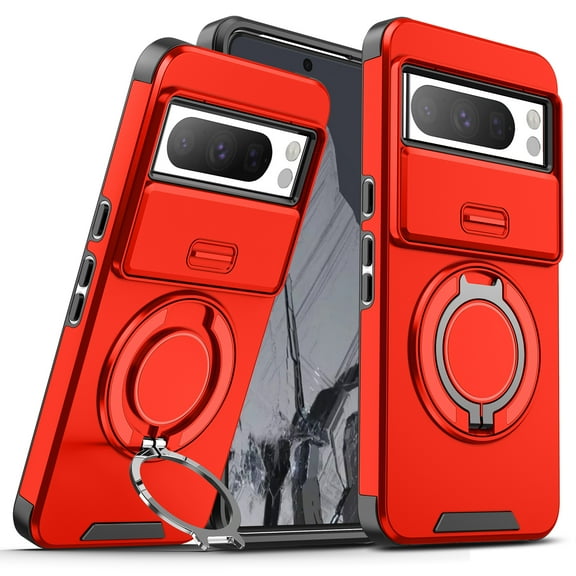 for Google Pixel 8 Pro Case with Rotate Ring Holder Stand & Sliding Camera Lens Cover, Shockproof Rugged Drop Protection Heavy Duty Phone Case Compatible for Google Pixel 8 Pro, Red
