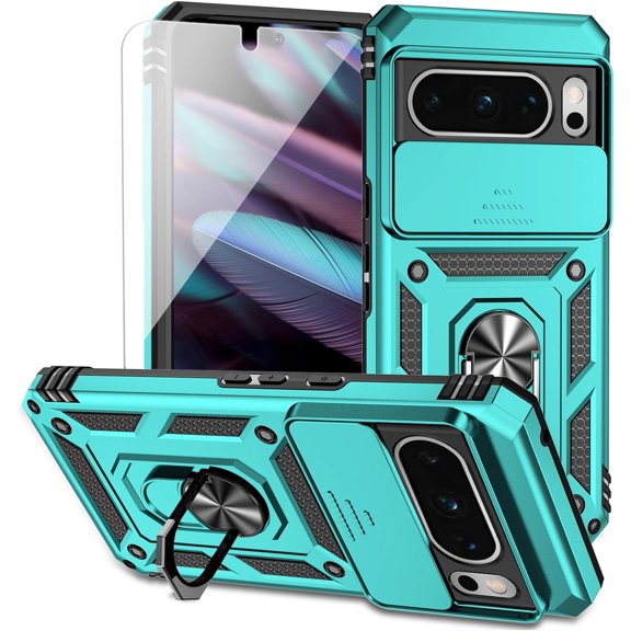 for Google Pixel 8 Pro Case with Slide Camera Cover HD Screen Protector [Military Grade 16ft. Drop Tested] Magnetic Ring Holder Kickstand Protective Phone Case for Google Pixel 8 Pro 2023, Mint
