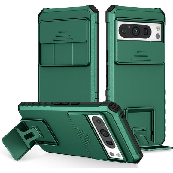 for Google Pixel 8 Pro Case with Slide Camera Cover,  Silicone TPU Bumper Tough PC Cover Pixel 8 Pro with Kickstand, Military Shockproof Protective Phone Case for Pixel 8 Pro Green