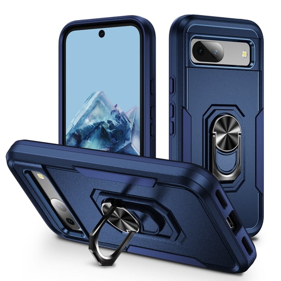 for Google Pixel 8 Pro Case, Slim Fit Military Grade Drop Tested Dual Layer Shockproof Case with 360 Ring Holder Kickstand Protective Rugged Car Magnetic Non-Slip Phone Case,Blue