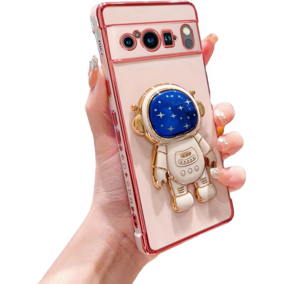 for Google Pixel 8 Pro Case for Women with Astronaut Kickstand Holder Cute Google Pixel 8 Pro Phone Case Shockproof Full Lens Protection Slim Fit Heart Case for Google Pixel 8 Pro 6.7" (Pink)