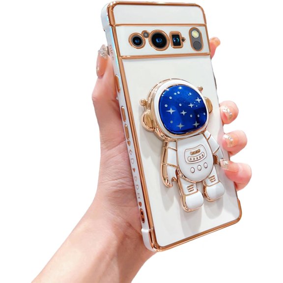 for Google Pixel 8 Pro Case for Women with Astronaut Kickstand Holder Cute Google Pixel 8 Pro Phone Case Shockproof Full Lens Protection Slim Fit Heart Case for Google Pixel 8 Pro 6.7" (White)