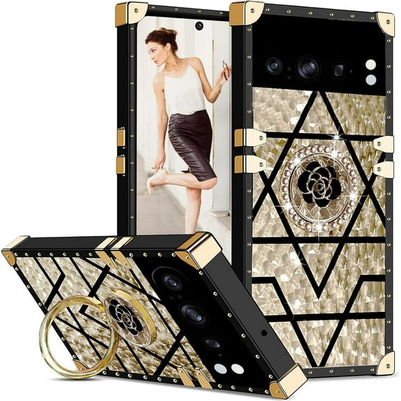 for Google Pixel 8 Pro Case for Women, Rivet Metal Corner Design Phone Case Cover with Bling Diamond Ring Suitable for Google Pixel 8 Pro 6.7" BF-Gold