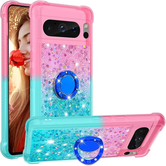 for Google Pixel 8 Pro Clear Case for Girls Women, Liquid Glitter Sparkle Bling Cute Case with Kickstand Gradient Quicksand Cover for Google Pixel 8 Pro JB Powder Blue