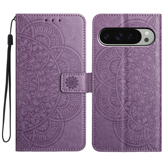 For Google Pixel 8 Pro Folio Wallet Case with Wrist Strap, Embossed Sunflower Pattern, Lightweight Protective PU Leather Phone Case with Credit Card/Cash Slots, Magnetic Closure, Purple