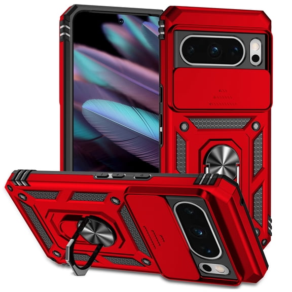 Google Pixel 8 Pro Kickstand Armor Case with Slide Camera Lens Protection Cover Built-in 360掳 Rotate Ring Holder Stand Magnetic Military Shockproof Phone Cover Case for Google Pixel 8 Pro, Red