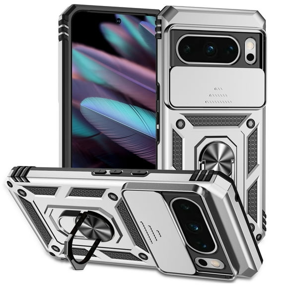 Google Pixel 8 Pro Kickstand Armor Case with Slide Camera Lens Protection Cover Built-in 360° Rotate Ring Holder Stand Magnetic Military Shockproof Phone Cover Case for Google Pixel 8 Pro,
Silver