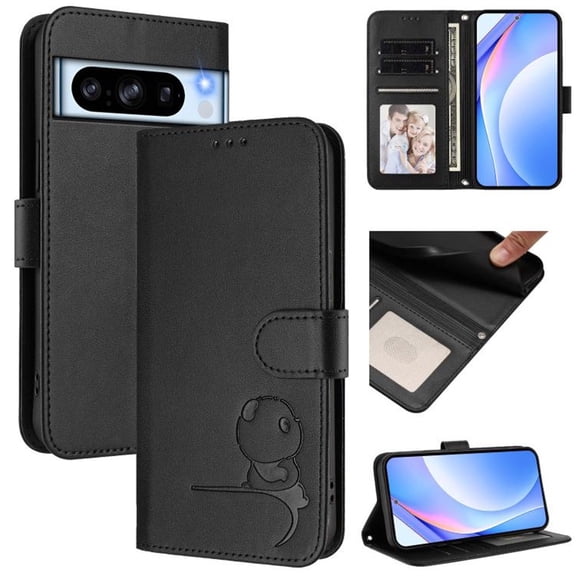 For Google Pixel 8 Pro Litter Panda Embossing Leather Phone Case with RFID Blocking Card Slot Wallet Magnetic Clasp Lanyard Flip Stand Case,Black,For Google Pixel 8 Pro