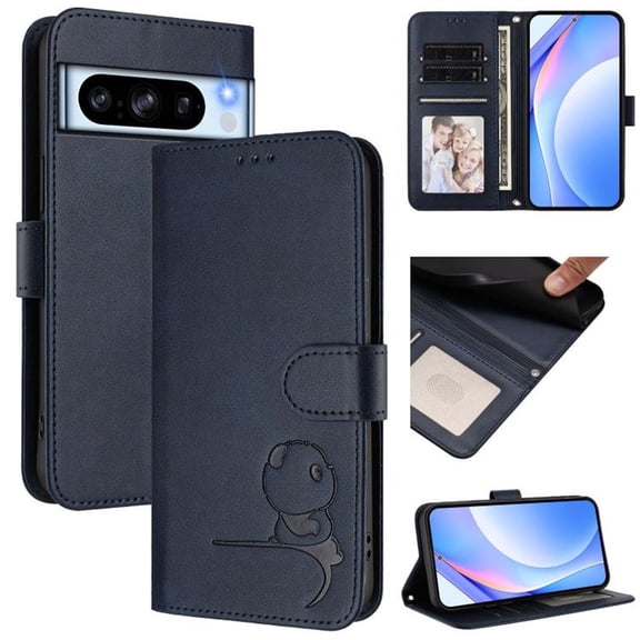 For Google Pixel 8 Pro Litter Panda Embossing Leather Phone Case with RFID Blocking Card Slot Wallet Magnetic Clasp Lanyard Flip Stand Case,Blue,For Google Pixel 8 Pro