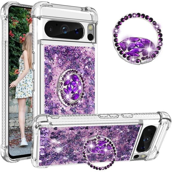 for Google Pixel 8 Pro Luxury Glitter Case for Women Girls, Sparkle Flowing Clear Quicksand Soft TPU Liquid Case Cover with Bling Diamond Ring for Pixel 8 Pro -Purple