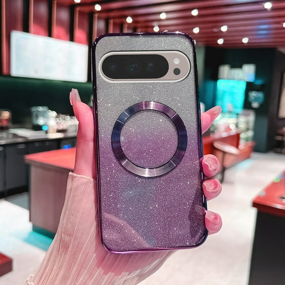 for Google Pixel 8 Pro Magnetic Case, Sparkle Glitter Case Compatible with Mag Safe Camera Lens Film Protection Bling Case Anti-Scratch Shockproof Phone Case for Google Pixel 8 Pro,Lightpurple