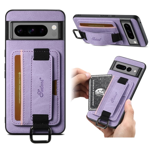 for Google Pixel 8 Pro PU Leather Card Slots Back Case, Classic Wristband Kickstand Finger Ring Shockproof Protective TPU Frame Phone Case for Google Pixel 8 Pro Women Men Boys Girls, Purple
