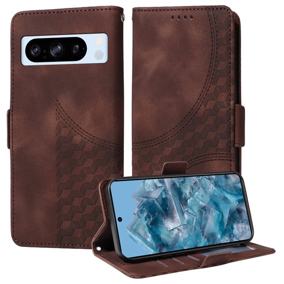 for Google Pixel 8 Pro Pattern Wallet Case, Magnetic Closure PU Leather Wallet Flip Case with Card Holder Kickstand Purse Phone Cover with Wrist Strap for Google Pixel 8 Pro, Coffee