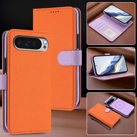 For Google Pixel 8 Pro Phone Case,2-in-1 Magnetic Detachable PU Leather Flip Cover,Support Mag-Safe,With Card Slots,Strap,Flip Foldable Kickstand,Shockproof Non-Slip Two-Color Phone Case,Orange